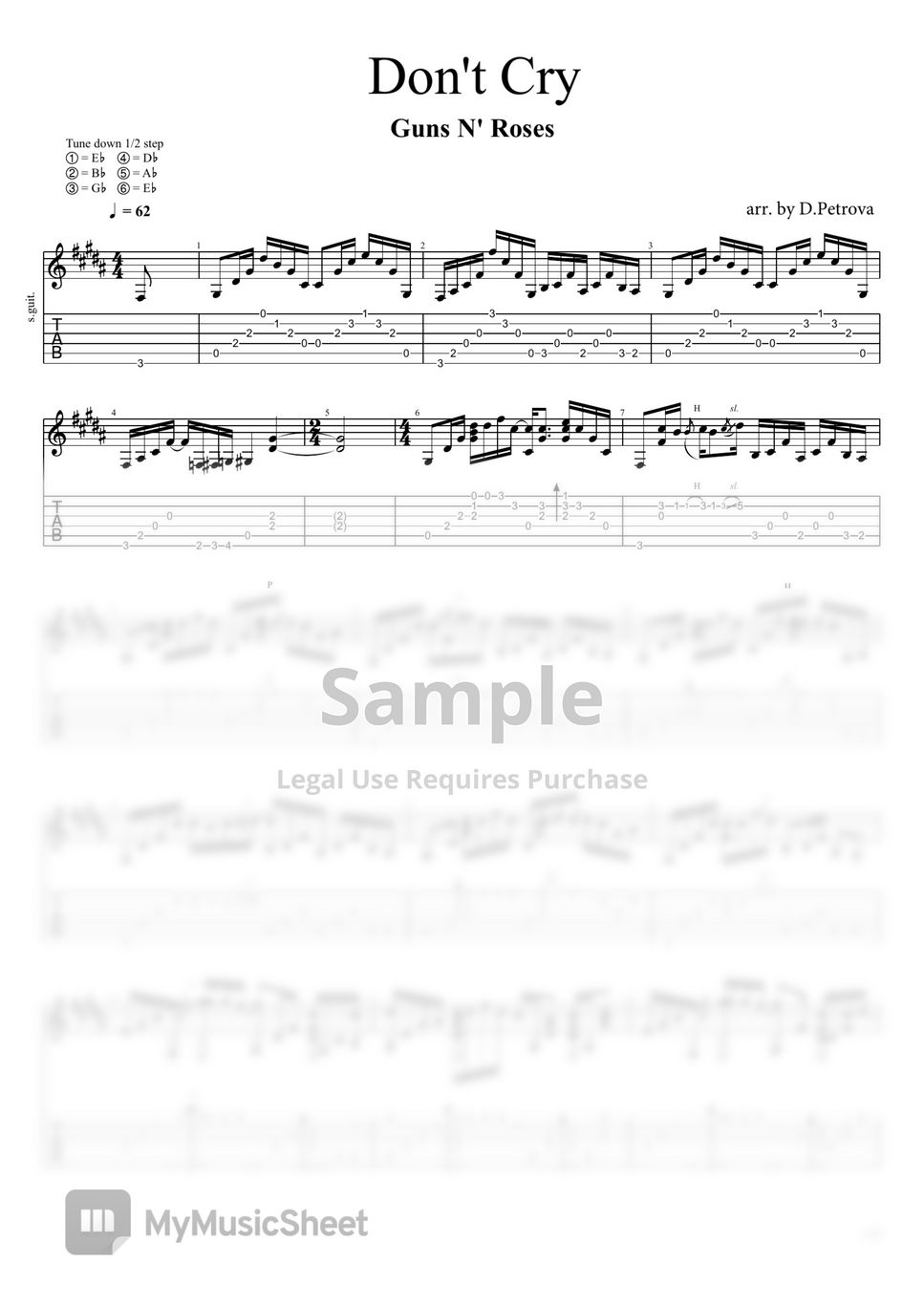 Guns N'Roses - Don't Cry (Fingerstyle Guitar Arrangement, No Capo, Half-Step Down Tuning) by D.Petrova (Edora)