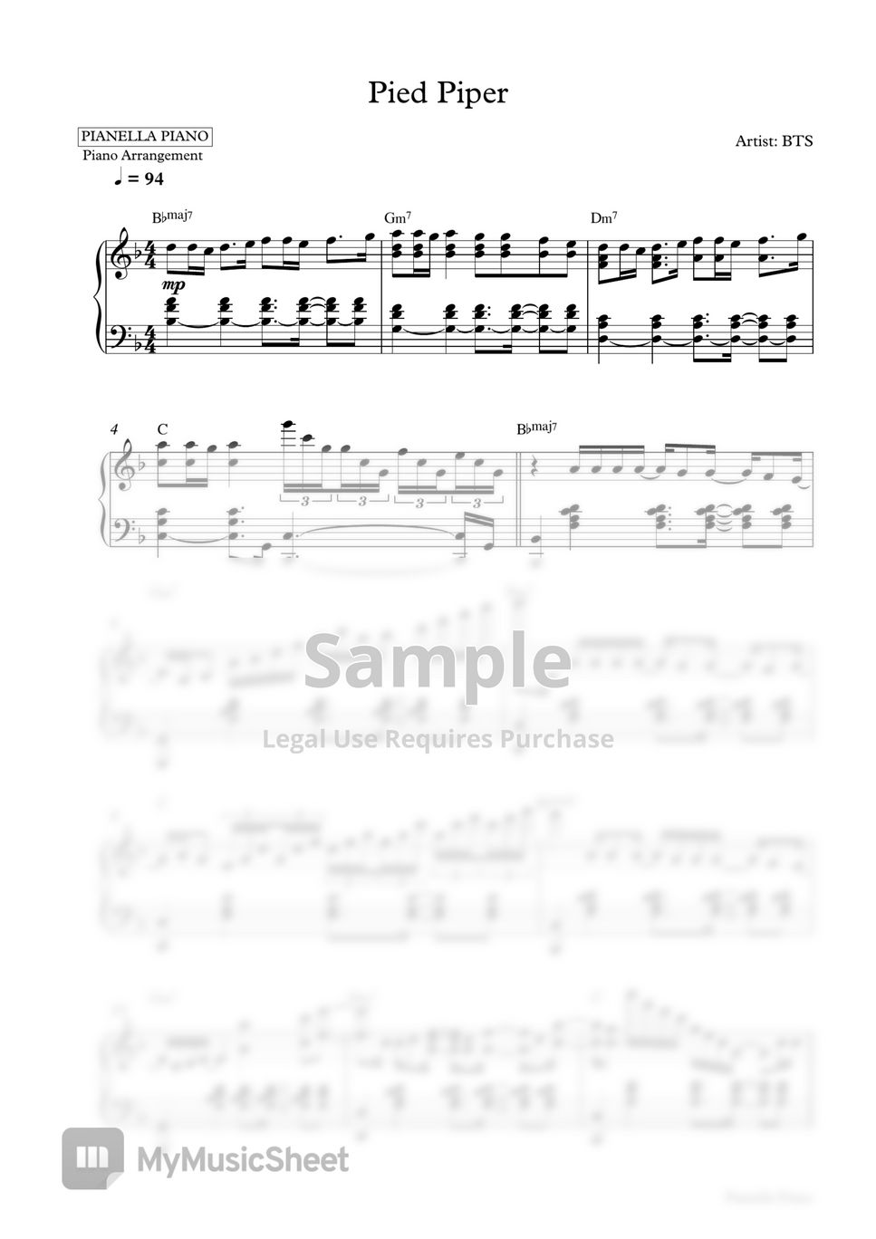 BTS - Pied Piper (Piano Sheet) Sheets by Pianella Piano