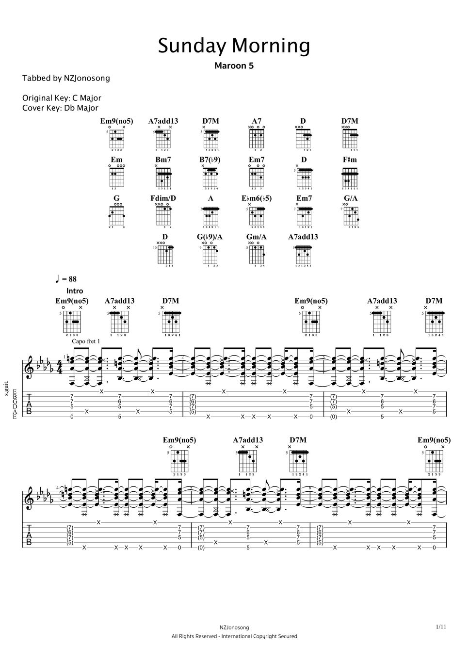 Maroon 5 - Sunday Morning (Normal, 10/10) TAB by NZJonosong