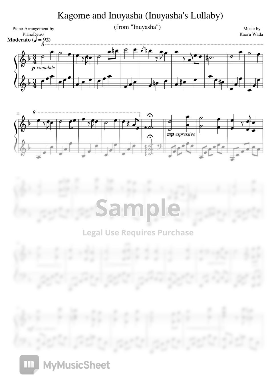 Inuyasha OST Inuyasha's Lullaby Sheets by PianoDeuss