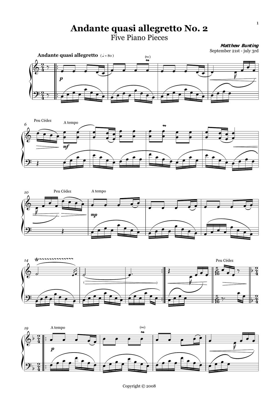 Five Piano Pieces Andante Quasi Allegretto, Op.1 No. 2 แผ่น