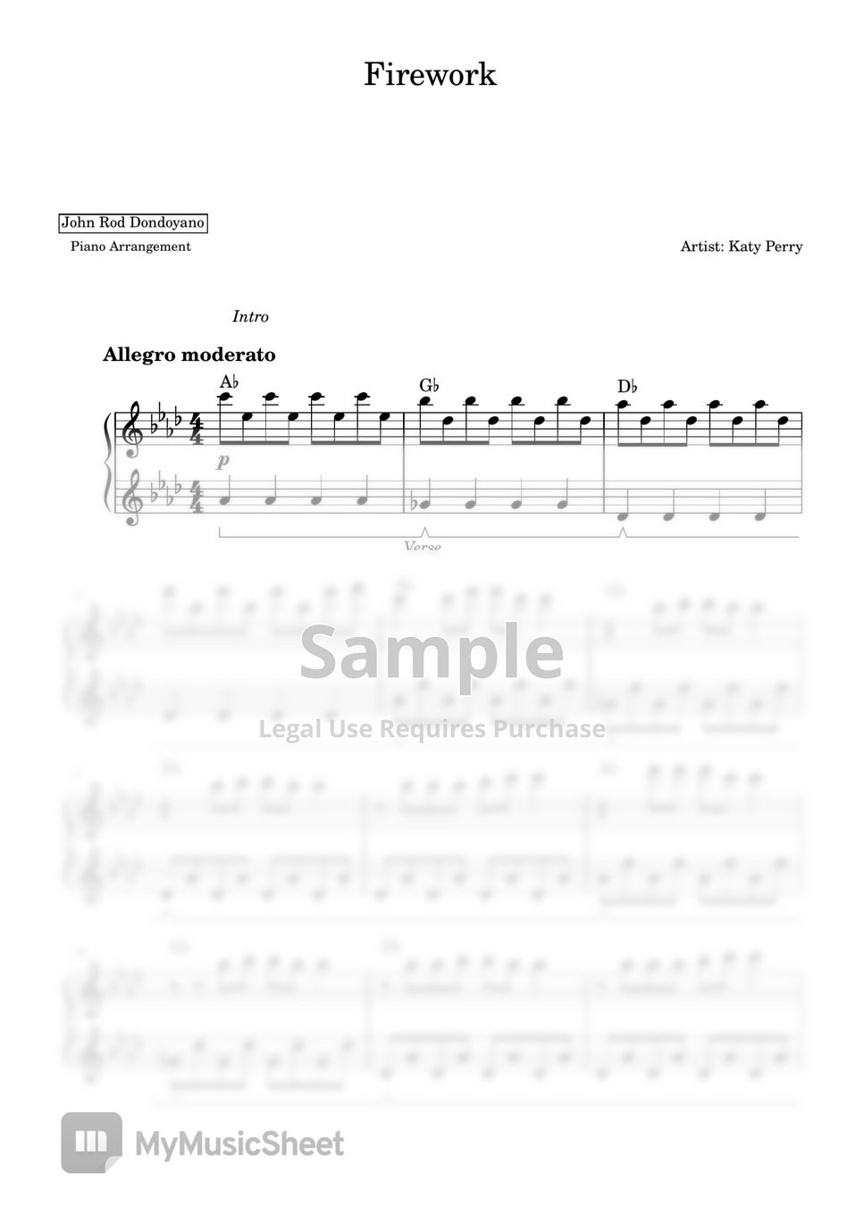 Katy Perry - Firework (PIANO SHEET) Helaian by John Rod Dondoyano