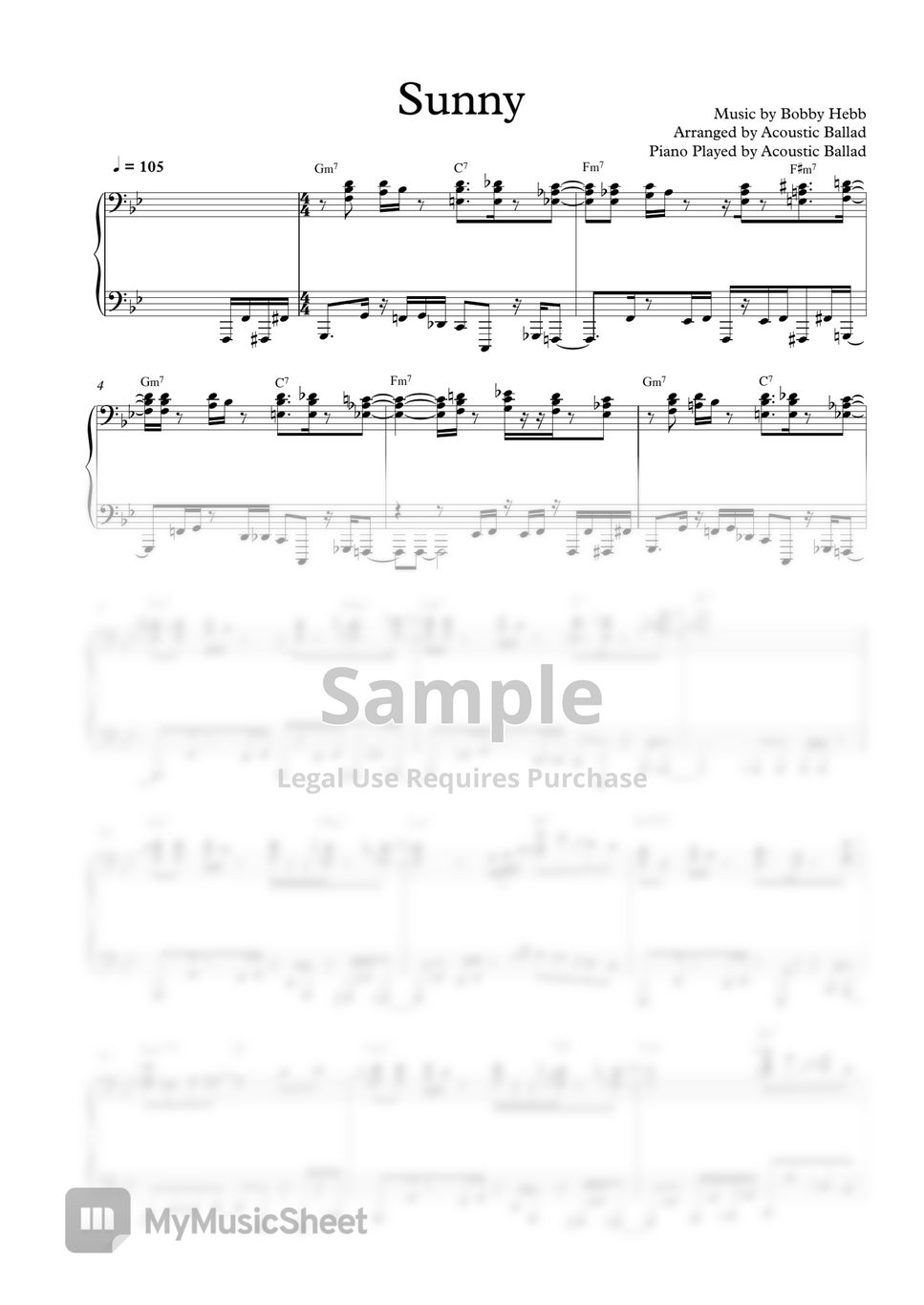 Bobby Hebb - Sunny (Solo Piano Ver.) Sheets by Acoustic Ballad