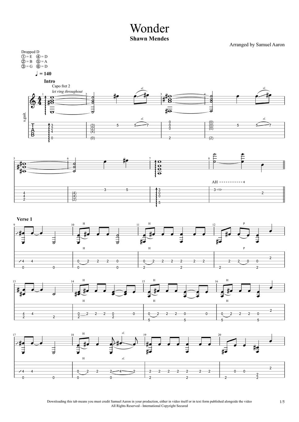 Shawn Mendes Wonder (fingerstyle guitar tab) Sheets