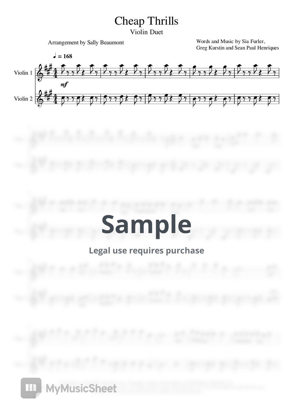 Sia Cheap Thrills (Violin Duet) Sheets by Sally Beaumont