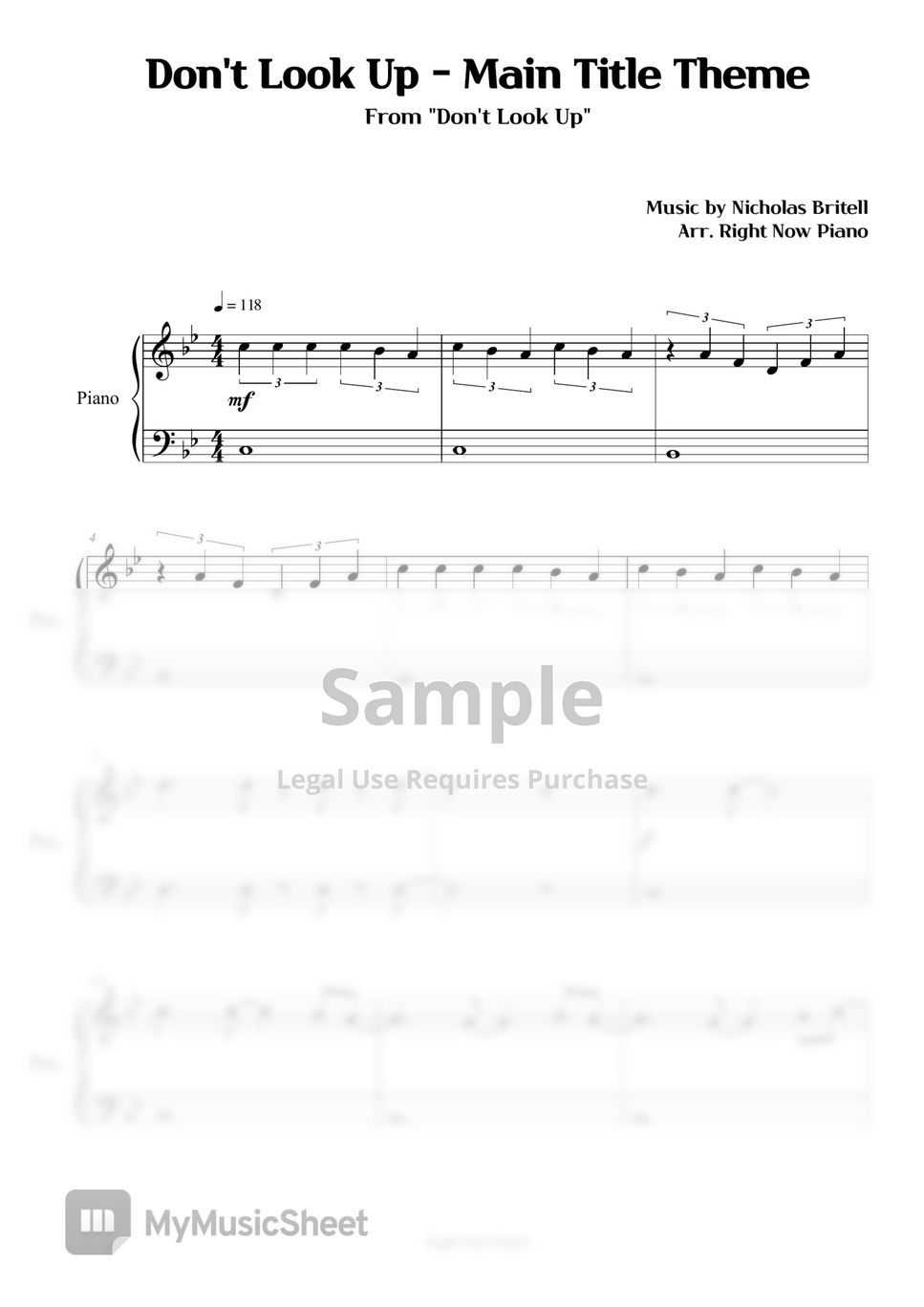 Don t look up main title theme sheet by right now piano