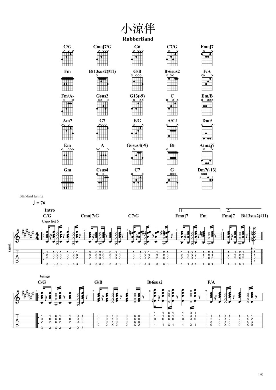 RubberBand 小涼伴 (PDF, Guitar Pro) Tab + Partition à une seule portée