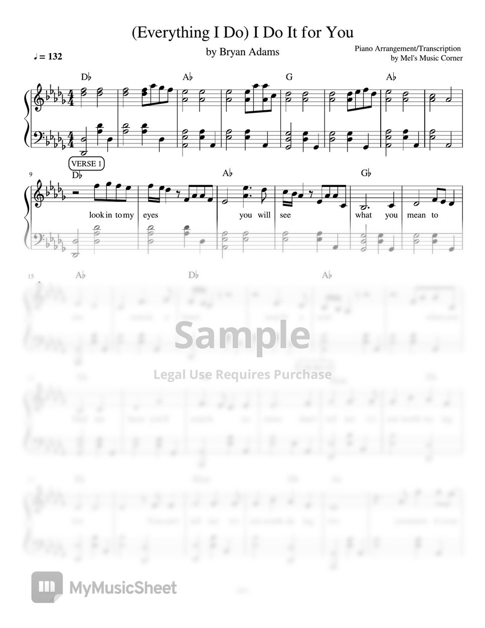 Bryan Adams - I Do It For You (piano sheet music) by Mel's Music Corner