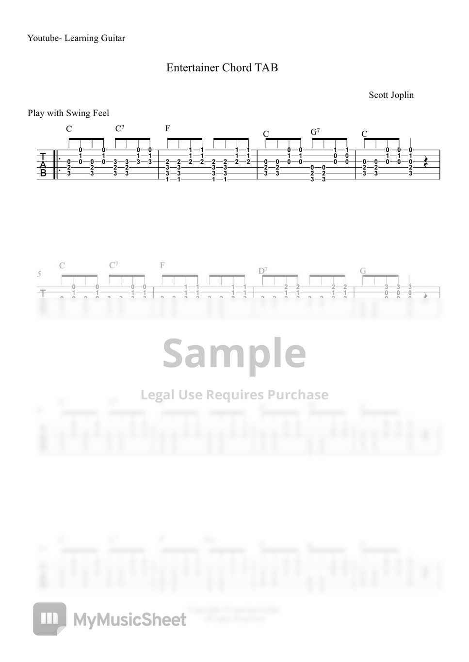 scott Joplin - Entertainer Guitar Rhythm (Tab) by Learning Guitar