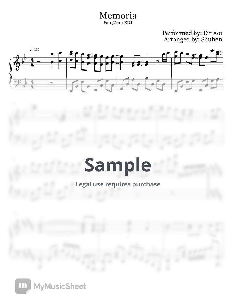 Fate/Zero - MEMORIA Sheet Music by Shuhen