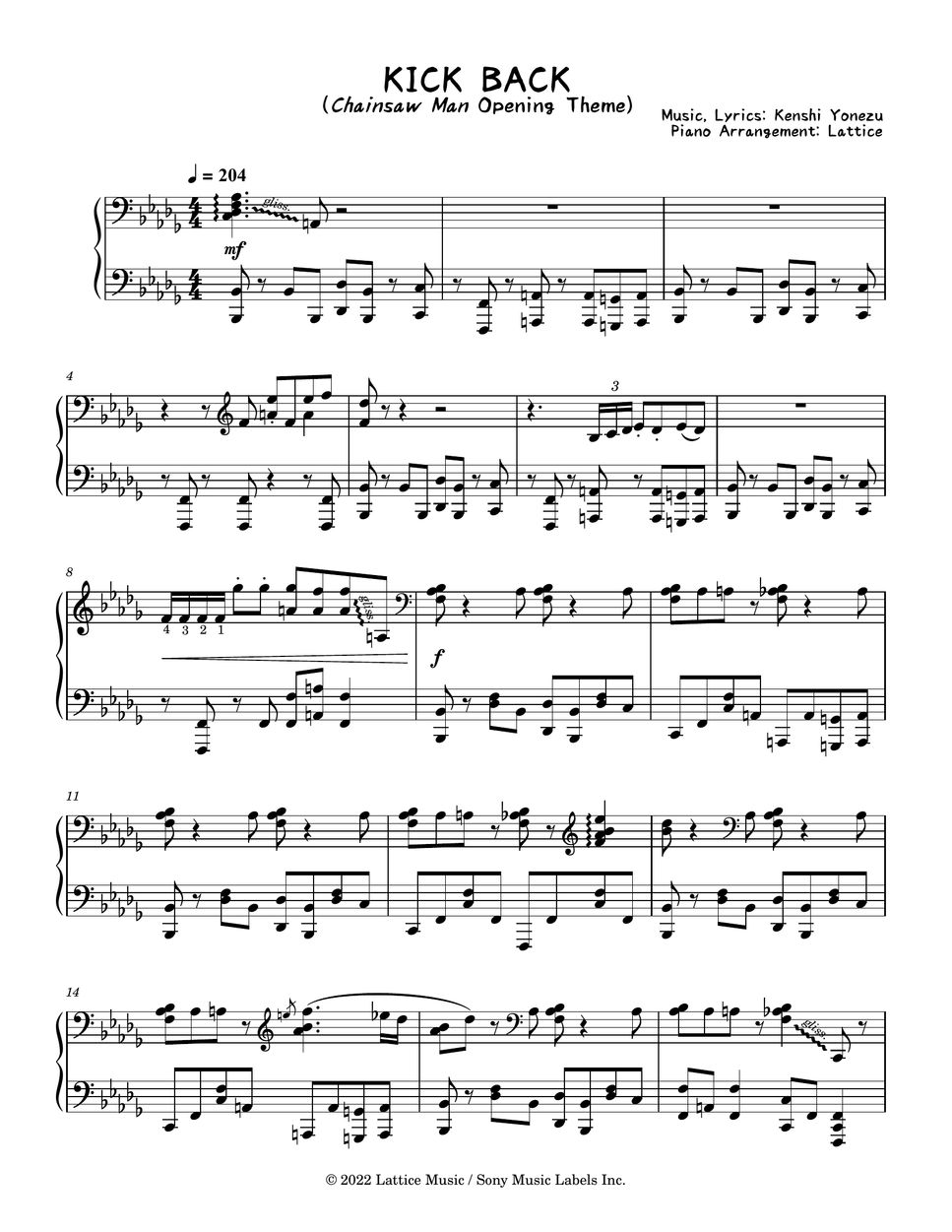 米津玄師 KICK BACK (Chainsaw Man OP) Sheets by Lattice