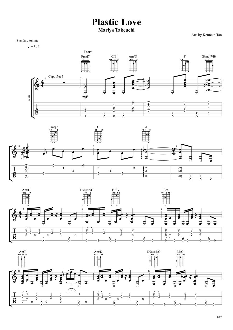 Mariya Takeuchi Fingerstyle Guitar Plastic Love Sheets by