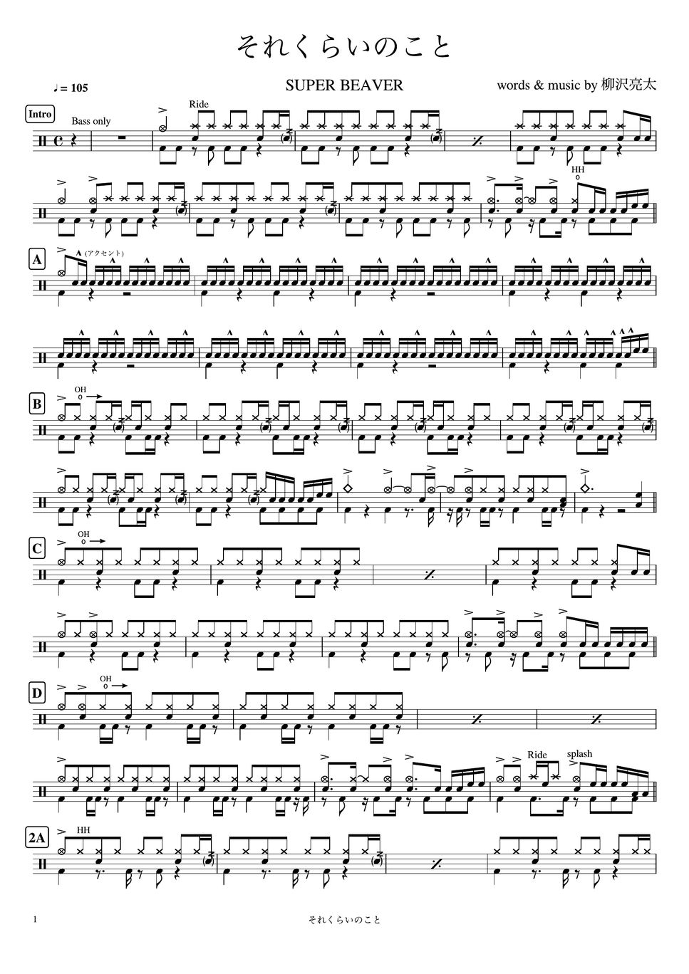 SUPER BEAVER - それくらいのこと Sheets by Cookai's J-pop Drum sheet music!!!