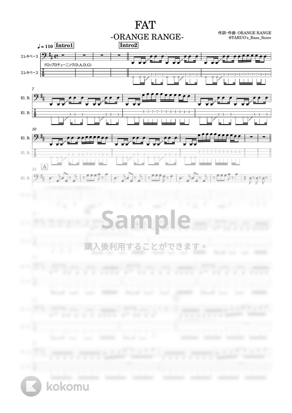 ORANGE RANGE - FAT(4弦DropD) (ベース/TAB/ORANGE RANGE) by TARUO's_Bass_Score
