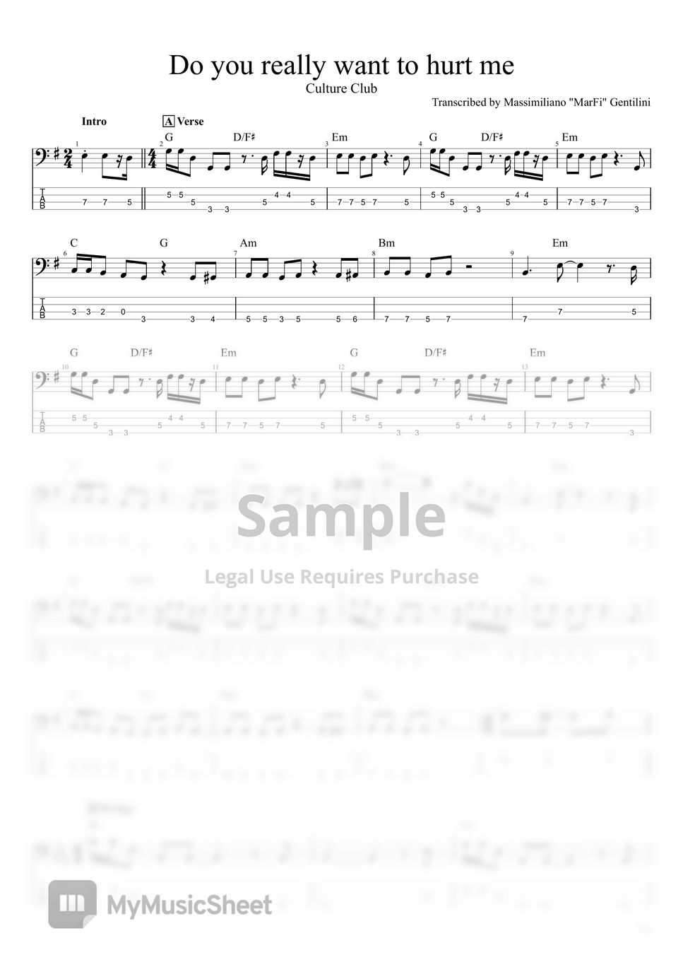 Culture club do you really want to hurt me sheets by massimiliano