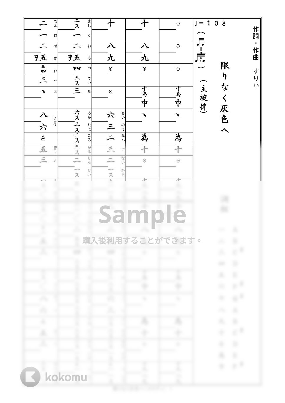 すりぃｆｅａｔ．鏡音レン - 箏譜　限りなく灰色へ（メロディ譜） by 織姫