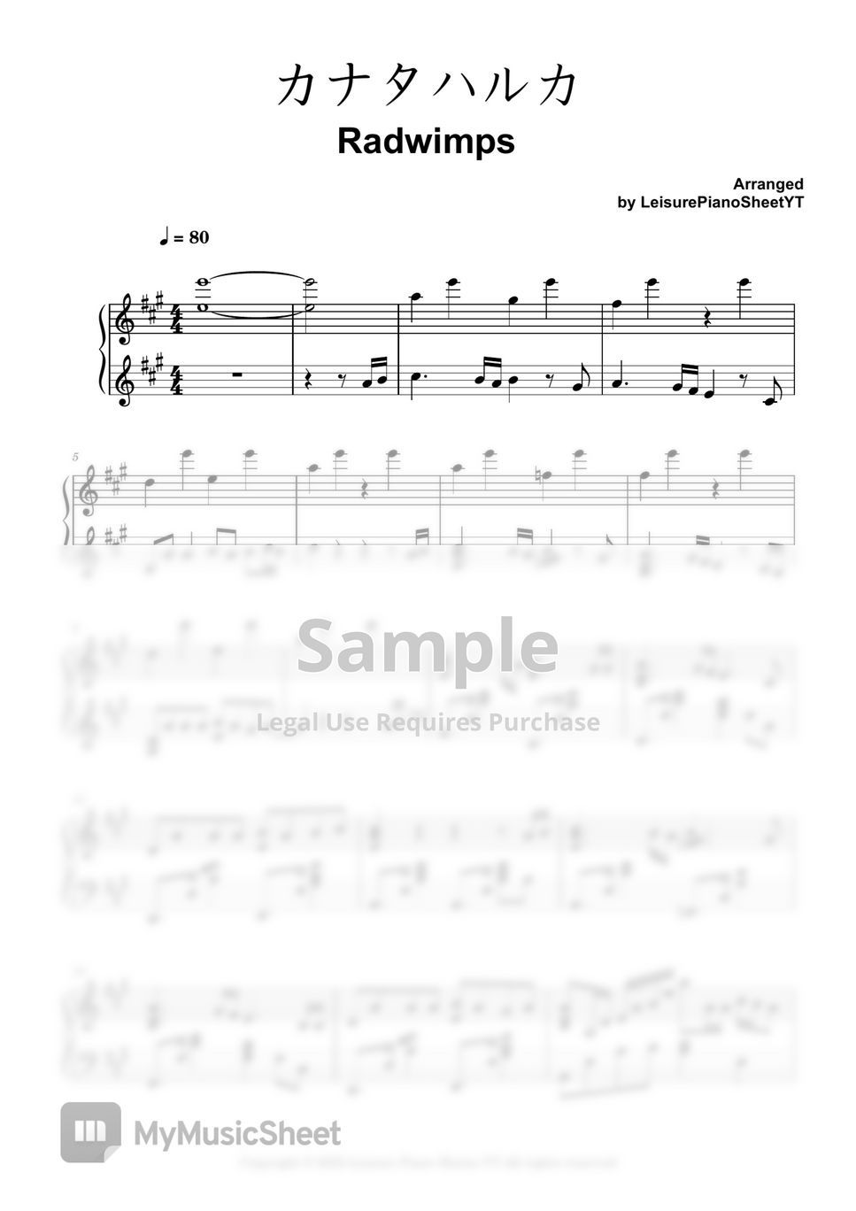 RADWIMPS - KANATA HALUKA (suzume no tojimari) by Leisure Piano Sheets YT