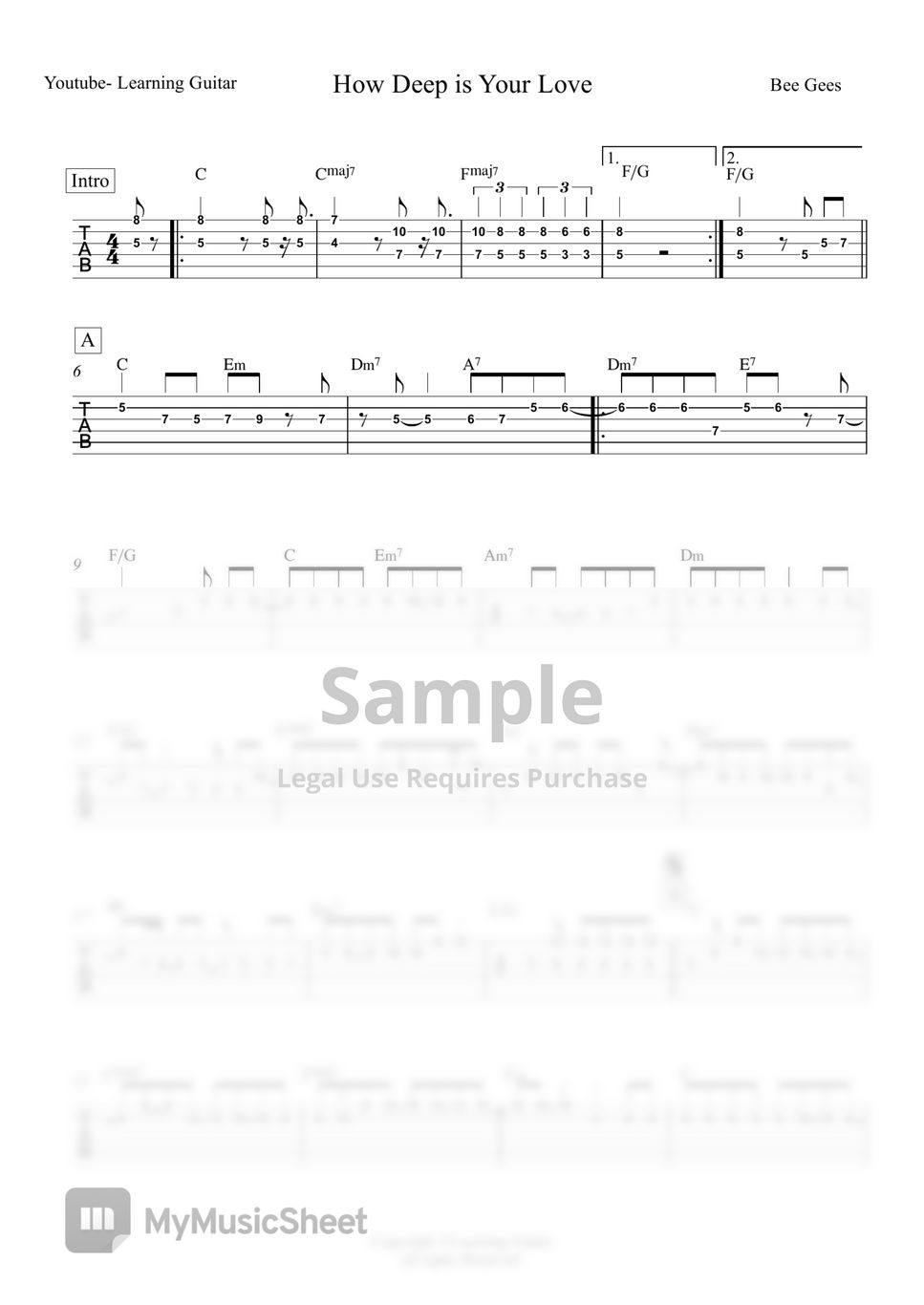 Bee Gees - How Deep Is Your Love -Melody TAB by Learning Guitar