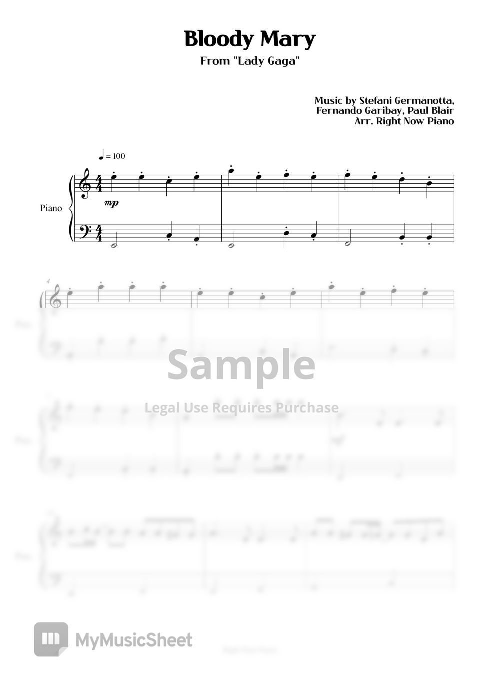Lady Gaga Bloody Mary (Short Ver.) Sheets by Right Now Piano