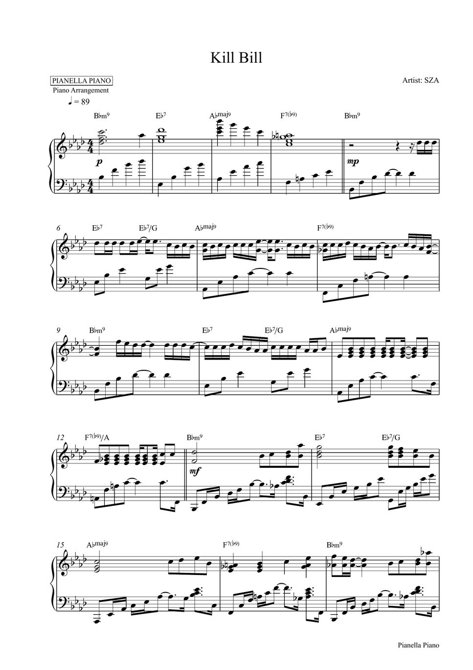 SZA - Kill Bill (Piano Sheet) 楽譜 by Pianella Piano