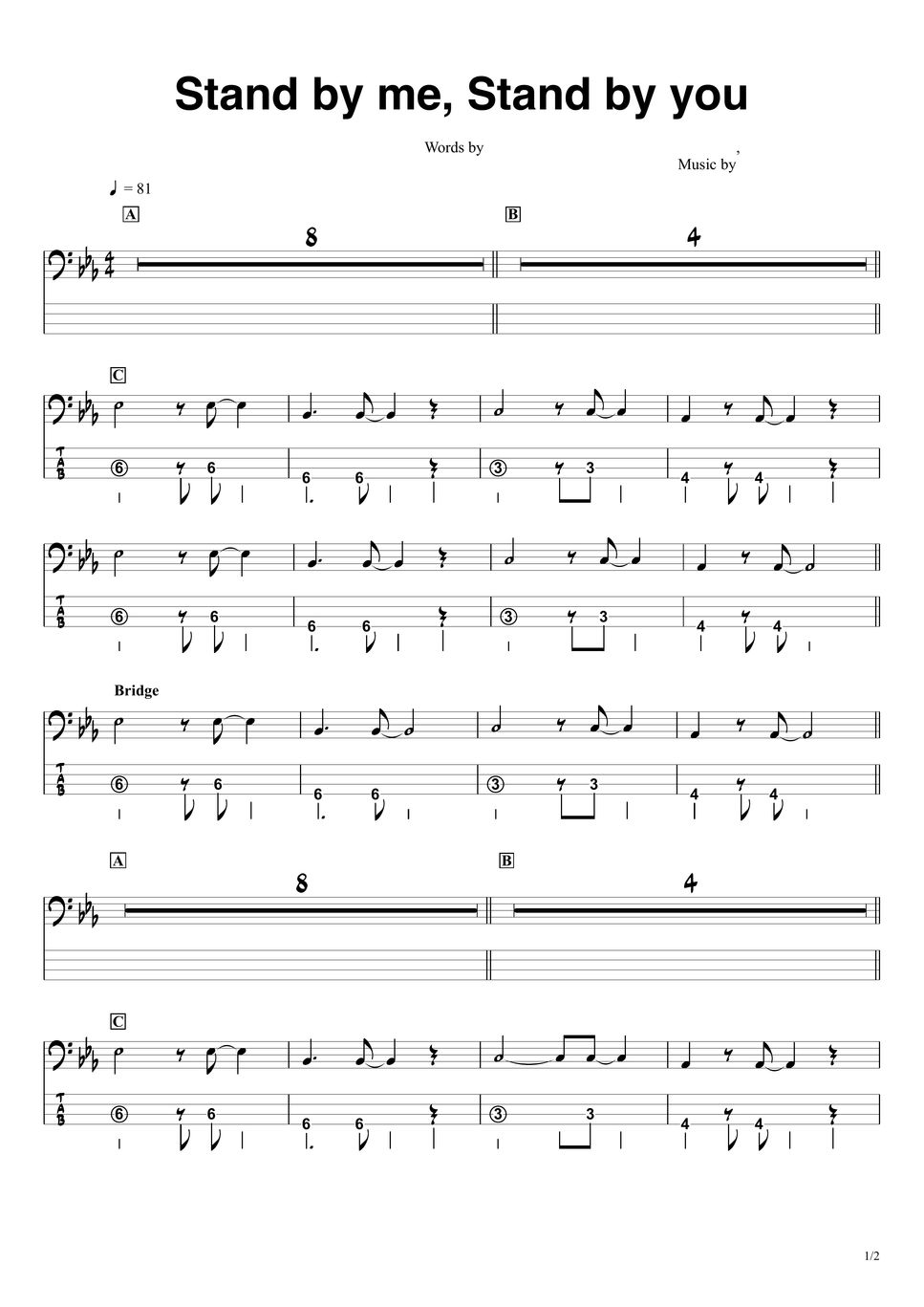 平井大 Stand by me, Stand by you. (『ベースTAB譜』) タブ + 五線譜 by swbass