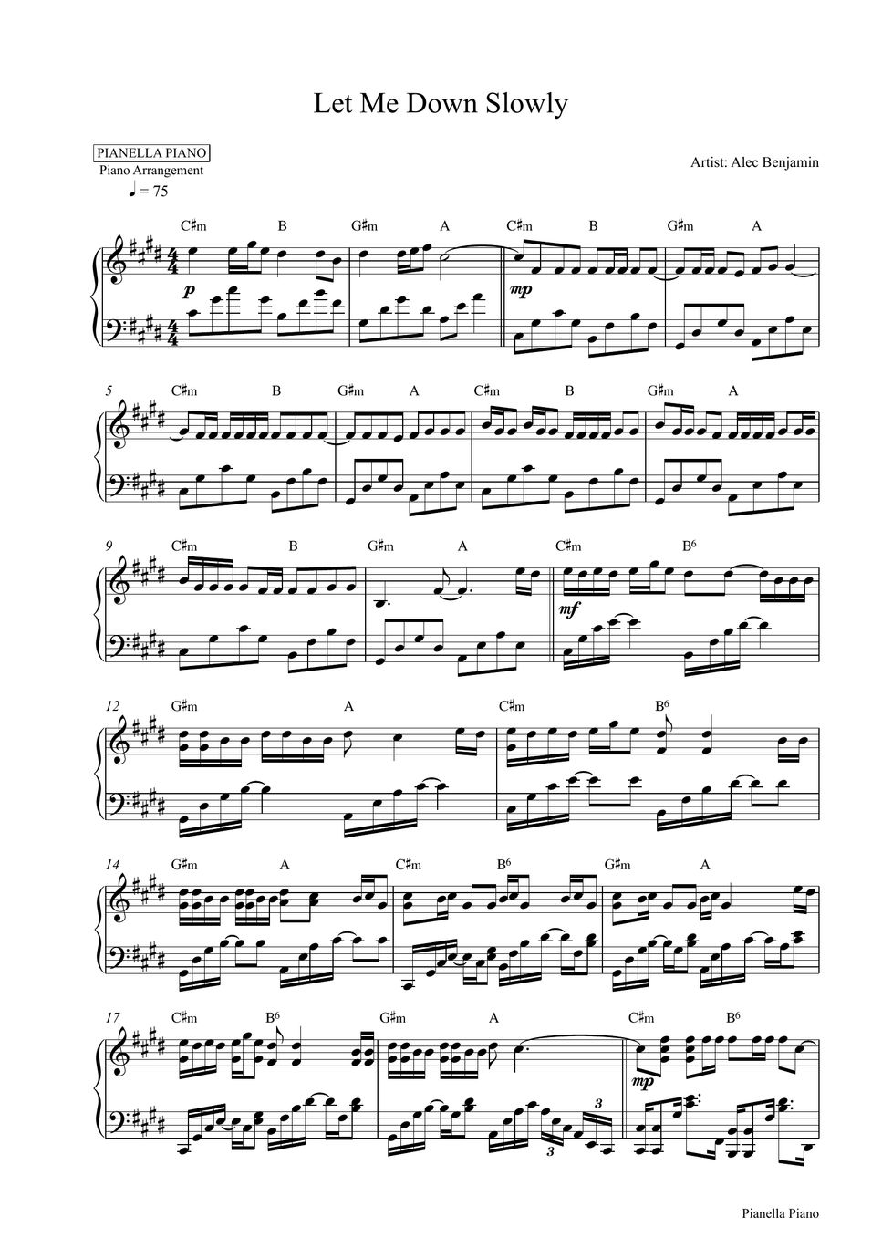 Alec Benjamin Let Me Down Slowly (Piano Sheet) Hoja by Pianella Piano