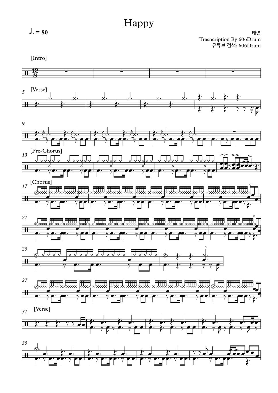 태연 (TAEYEON) - Happy (Drum) Sheet by 606Drum