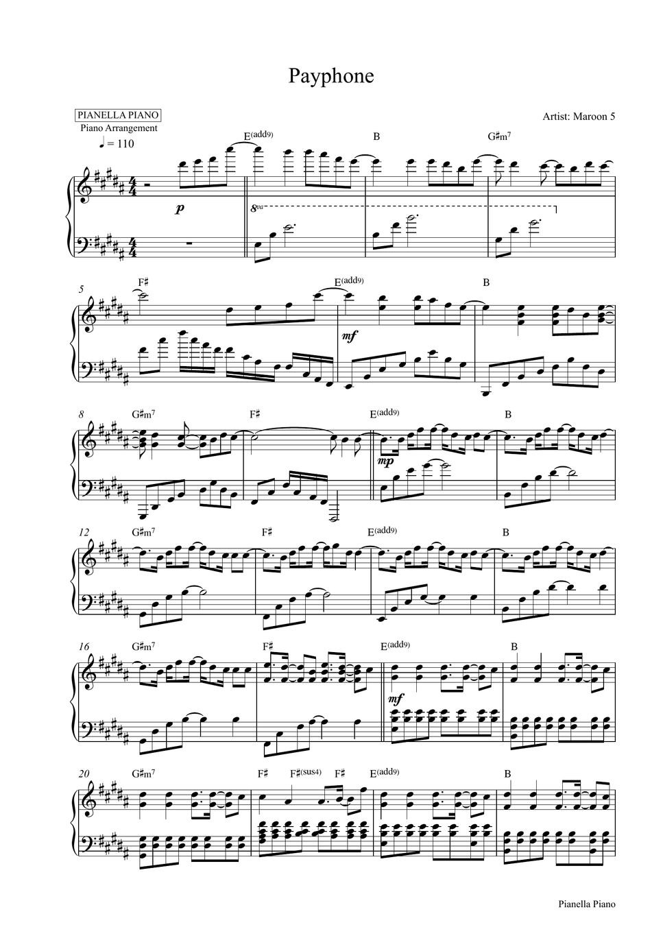 Maroon 5 ft. Wiz Khalifa - Payphone (Piano Sheet) 악보 by Pianella Piano