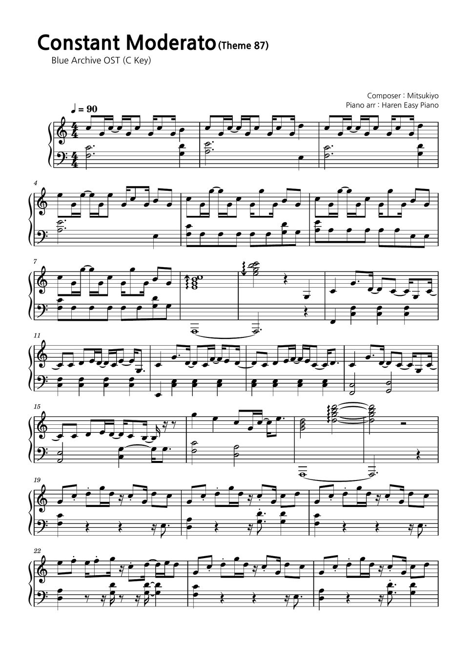Blue archive ost constant moderato original key c key sheets by