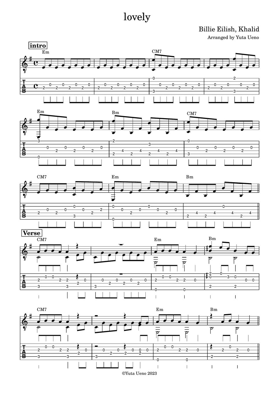 Billie Eilish lovely (Fingerstyle) Tab + 1pentagramma by Yuta Ueno