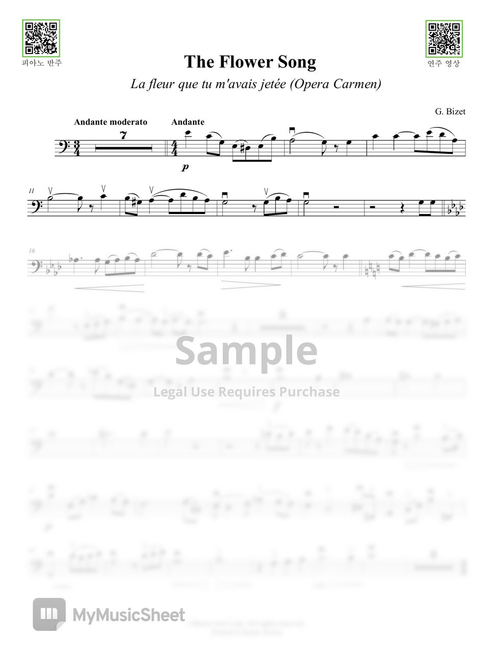 Bizet 비제 The Flower Song (Cello 편곡) Sheets by Hyo Youn