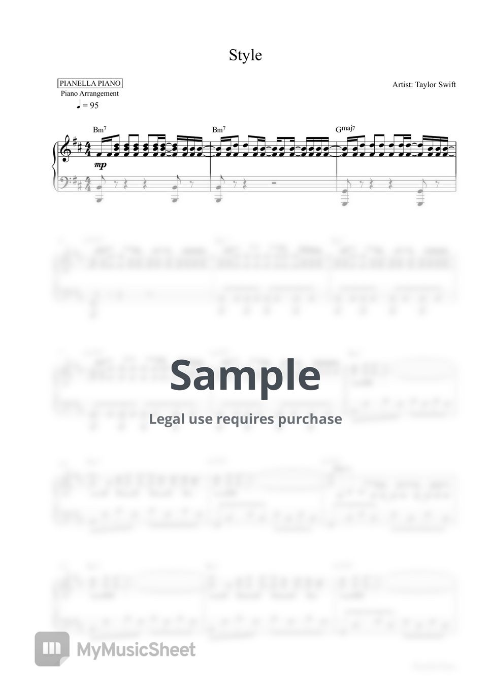 Taylor Swift - Style (Piano Sheet) by Pianella Piano