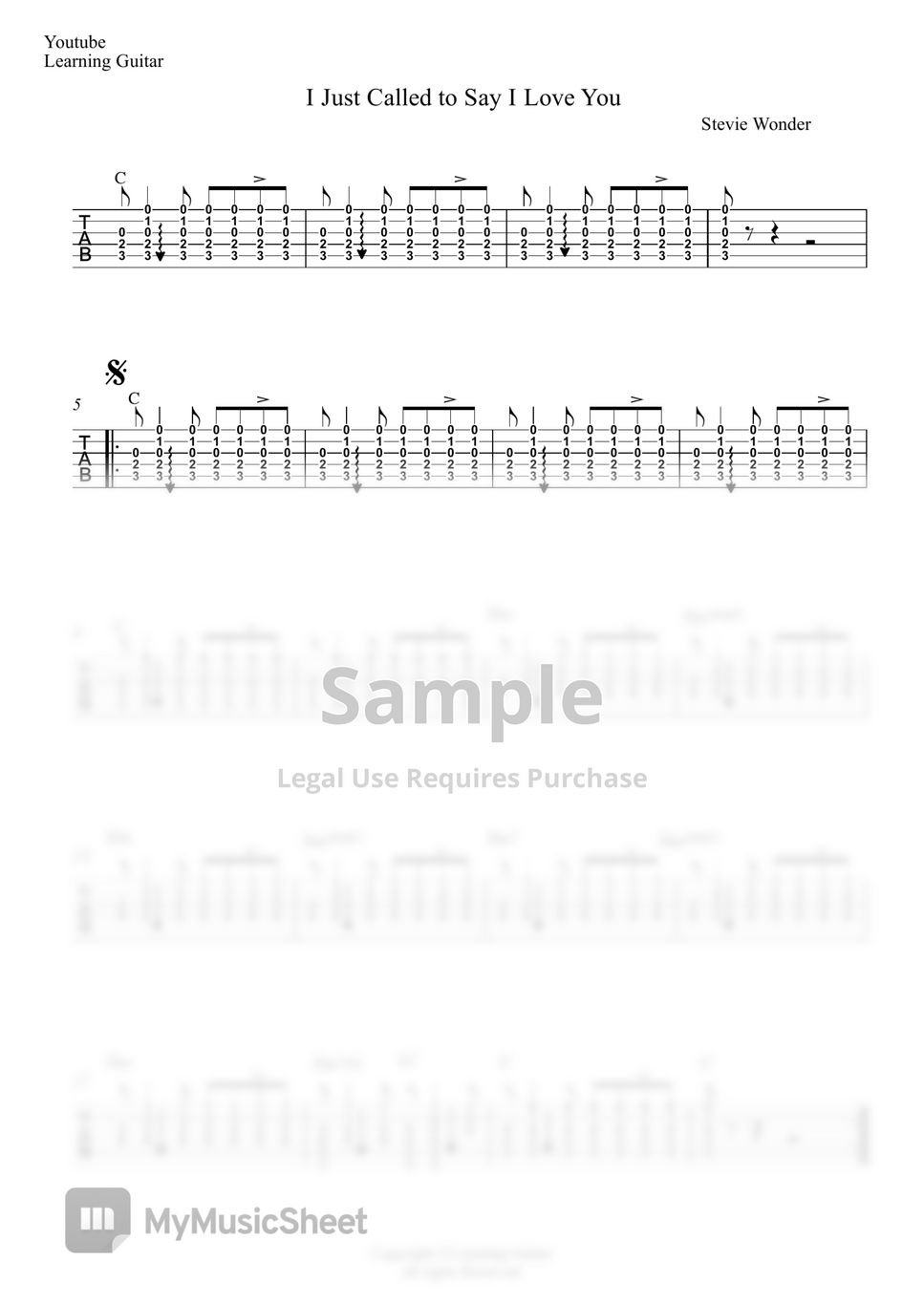 Stevie Wonder - I Just Called to Say I Love You (Rhythm TAB) (Guitar ...