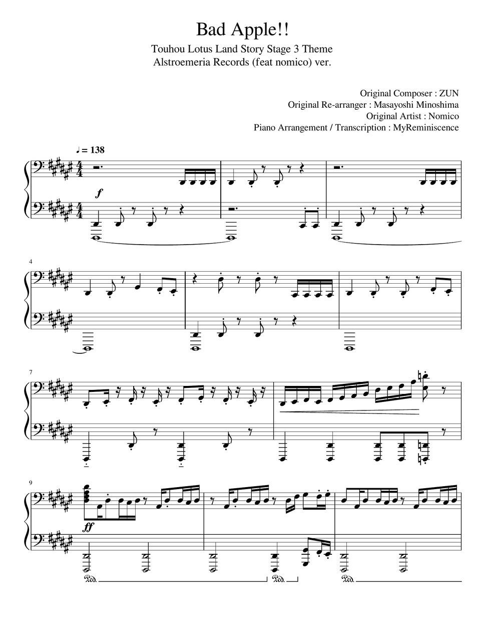 ZUN, Nomico Bad Apple!! (Touhou Project) 楽譜 by Aoryn (MyReminiscence)