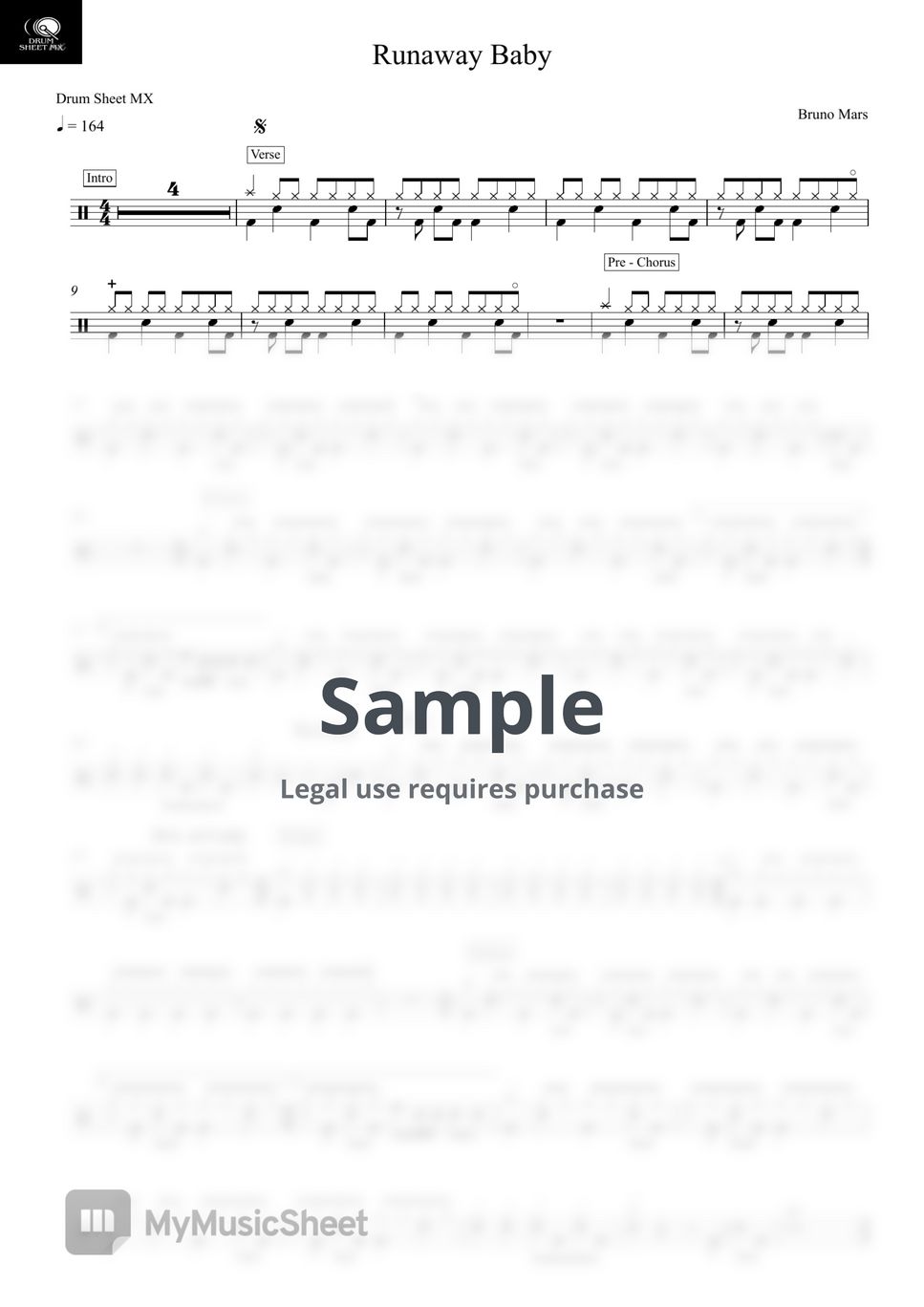 Bruno Mar - Runaway Baby Sheets by Drum Sheet MX