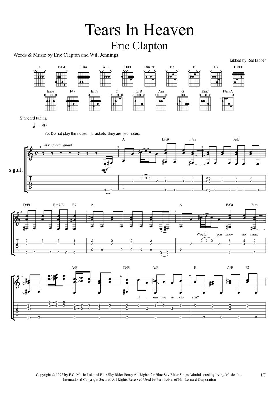 Tears In Heaven Sheet Music | Eric Clapton | Solo Guitar