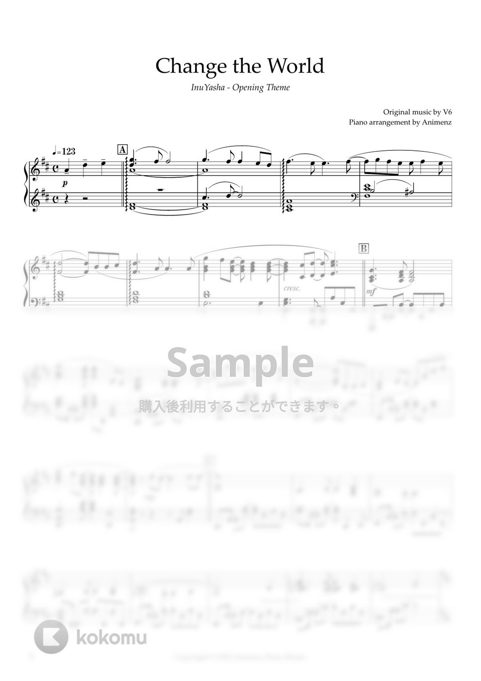 V6 - Change the World (犬夜叉 OP) 楽譜 by Animenz