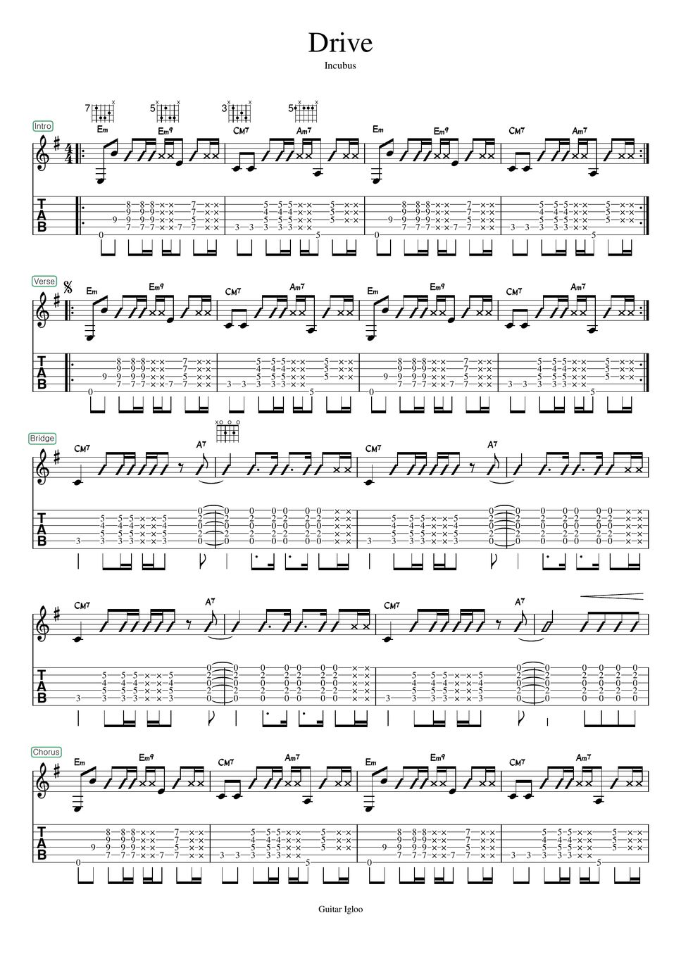 Incubus Drive (Guitar pt) TAB by Igloo Studio