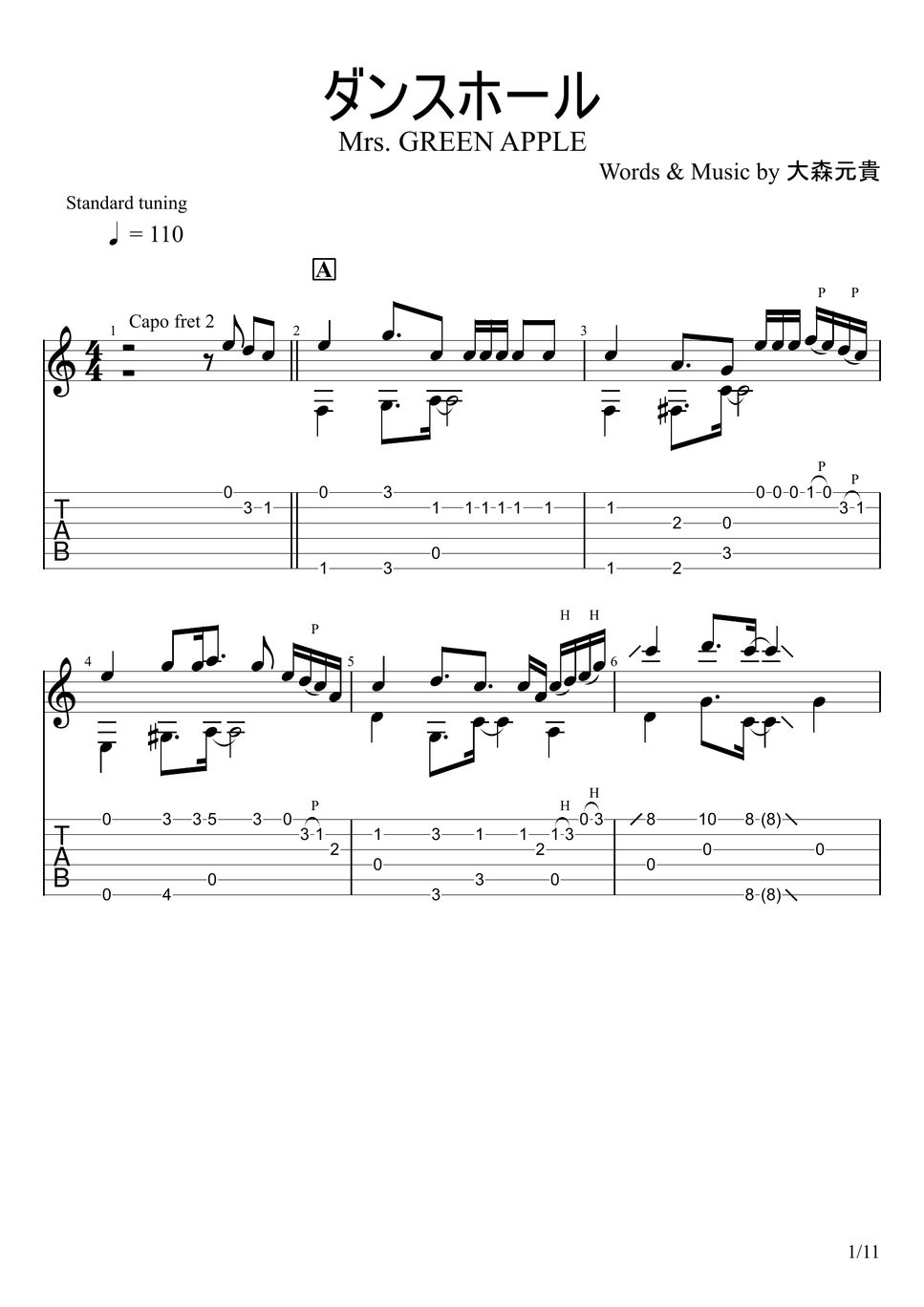 Mrs. GREEN APPLE Dance Hall (Fingerstyle) Sheets by u3danchou