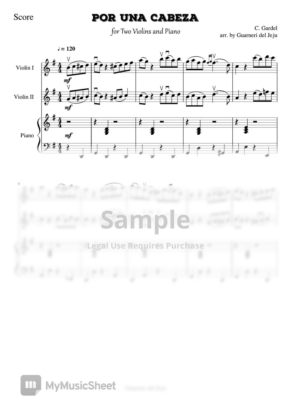 C. Gardel - Por Una Cabeza for 2 Violins and Piano by Guarneri del Jeju