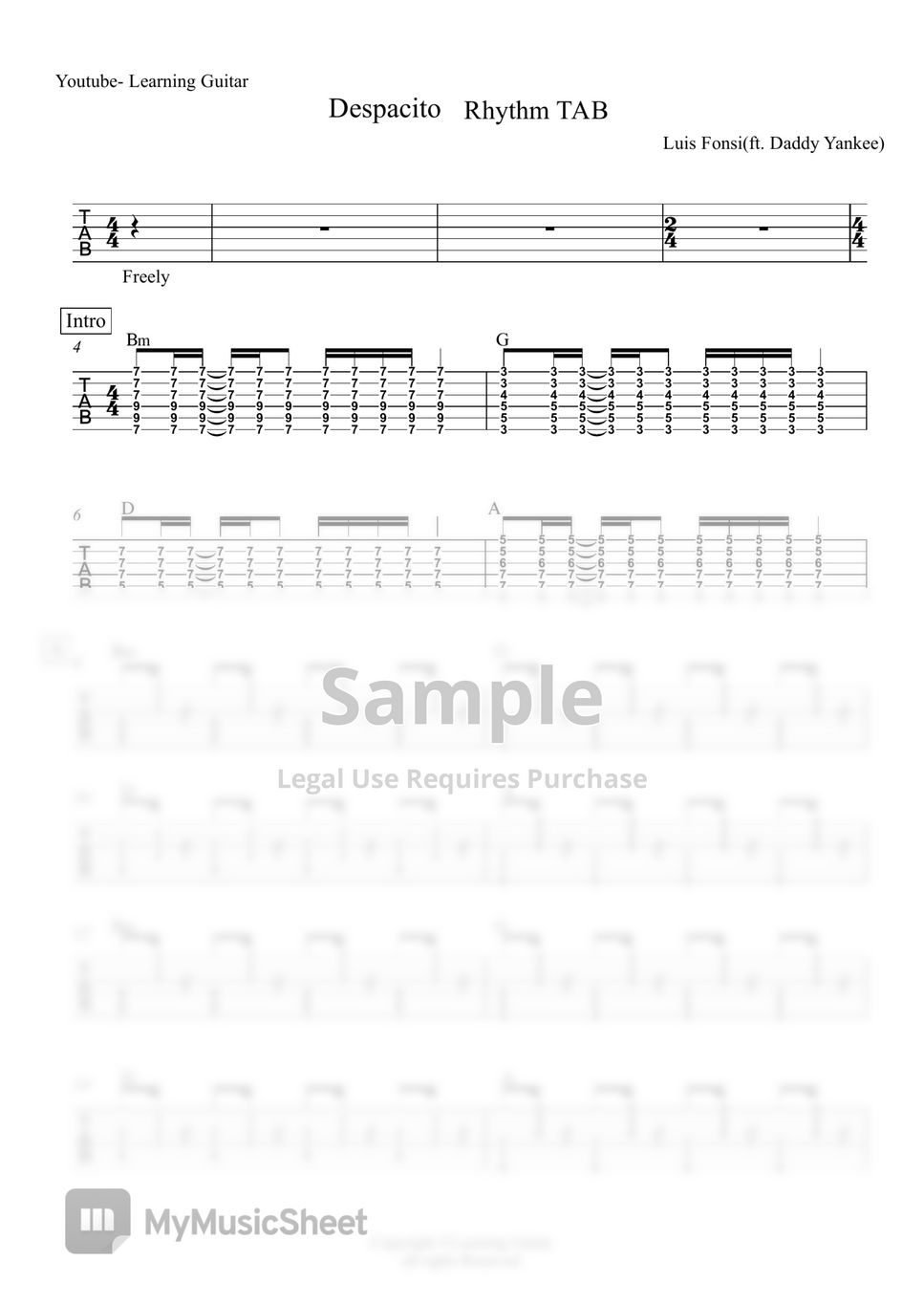 Luis Fonsi Despacito (Rhythm TAB) 악보 by Learning Guitar