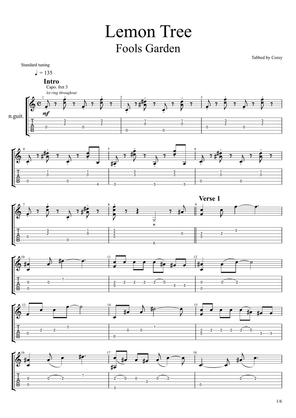 fools garden Lemon Tree (Lemon Tree ( Fools Garden) Easy Guitar Fingerstyle Guitar Tab) 楽譜 by