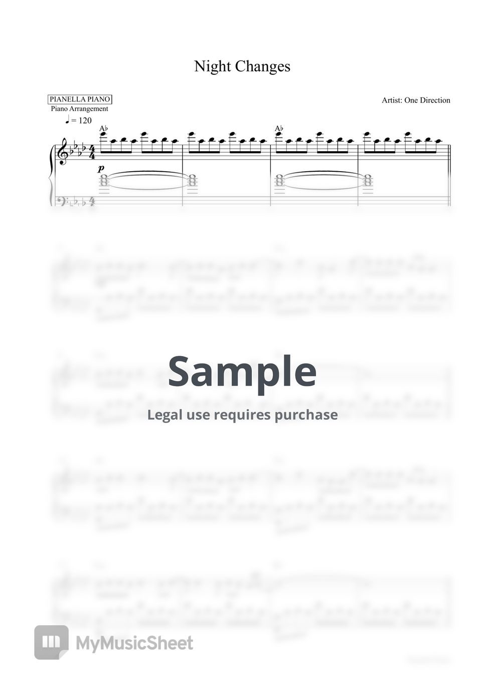 One Direction Night Changes (Piano Sheet) Sheets by Pianella Piano