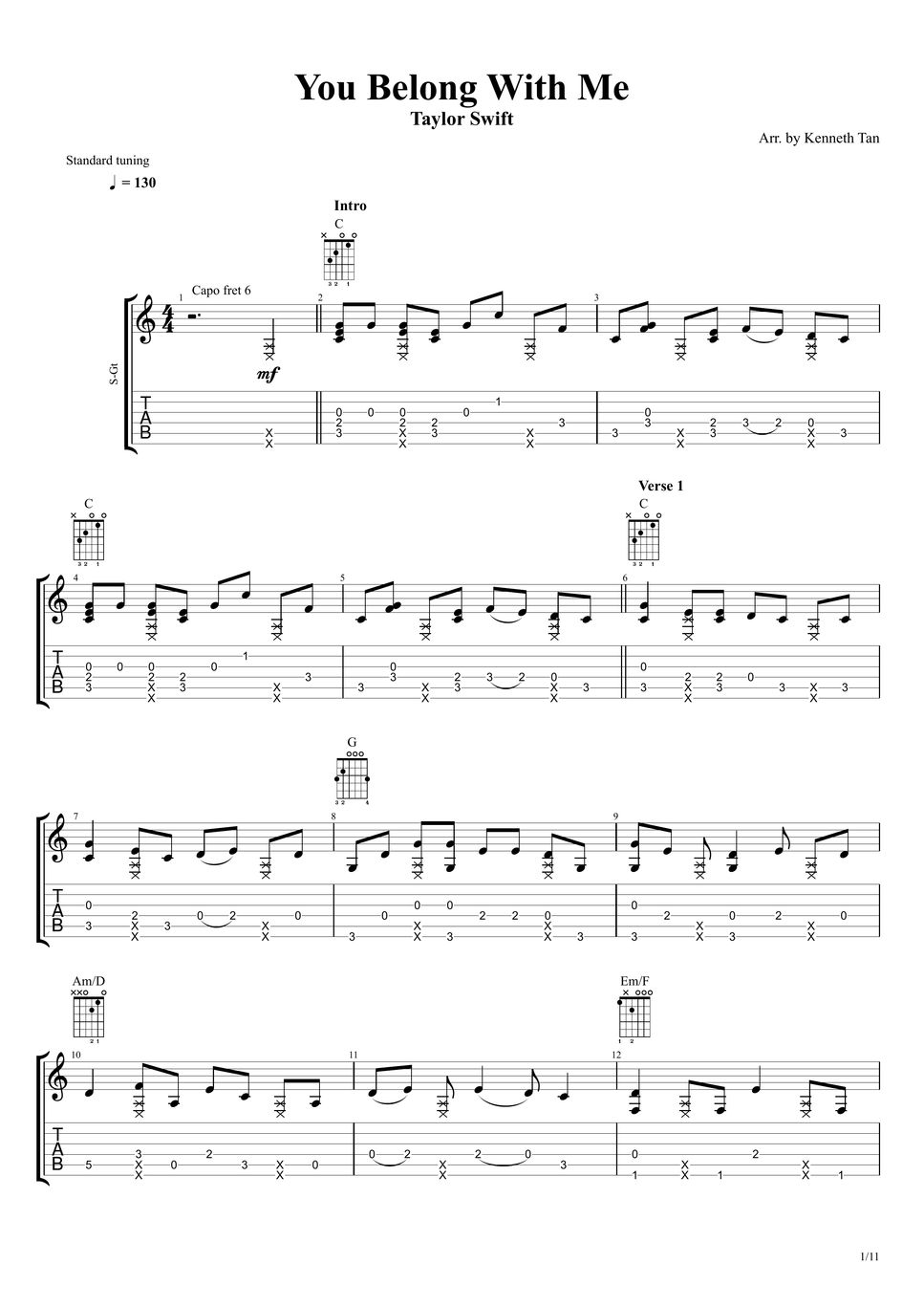 Taylor swift fingerstyle guitar you belong with me by kenneth