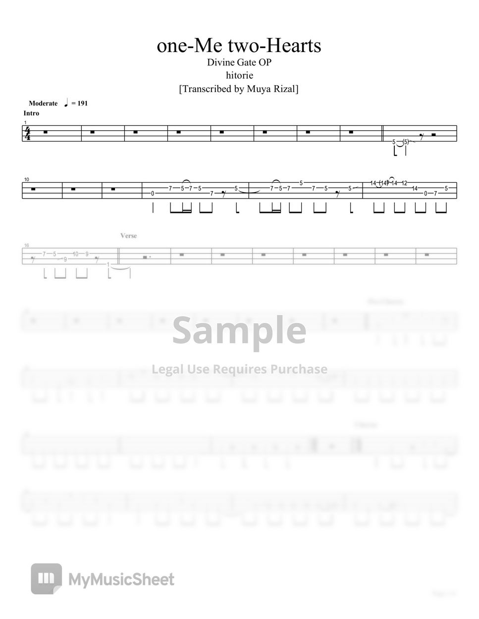 Hitorie oneMe twoHearts (Bass TAB) Sheets by Muya