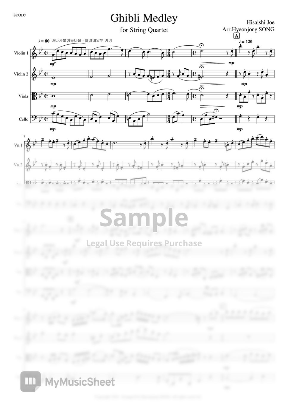 히사이시 조 - Ghibli Medley for String Quartet (지브리메들리 - 현악4중주) by Hyeonjong SONG