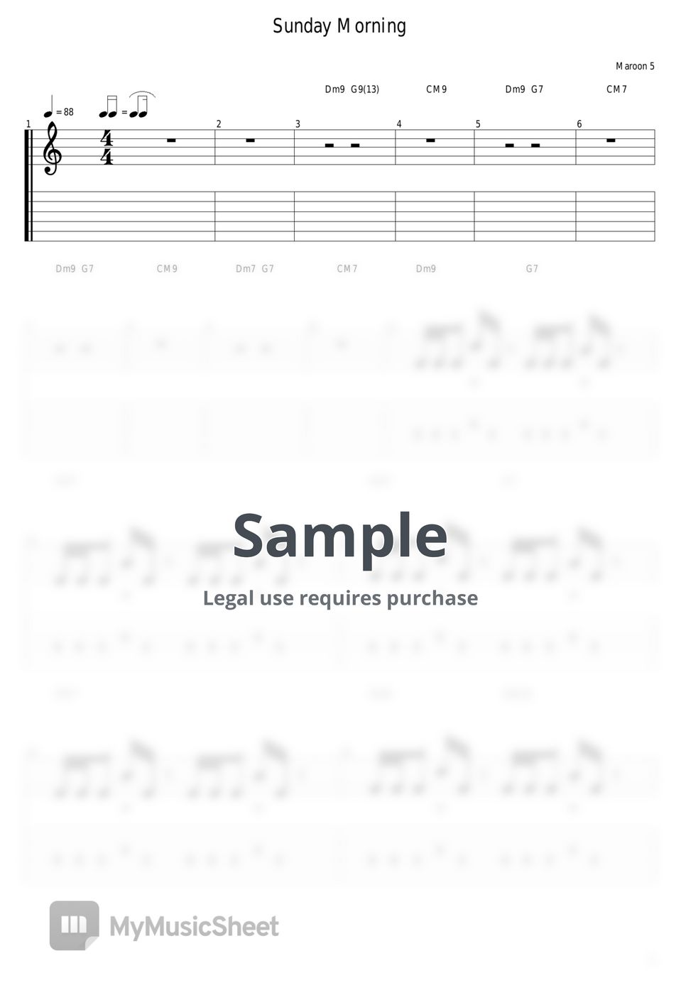Maroon 5 Sunday Morning Tab + 1staff by guitar cover with tab
