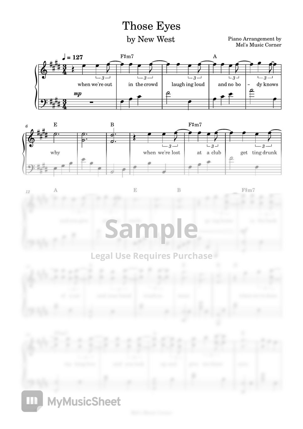 New West - Those Eyes (piano sheet music) by Mel's Music Corner