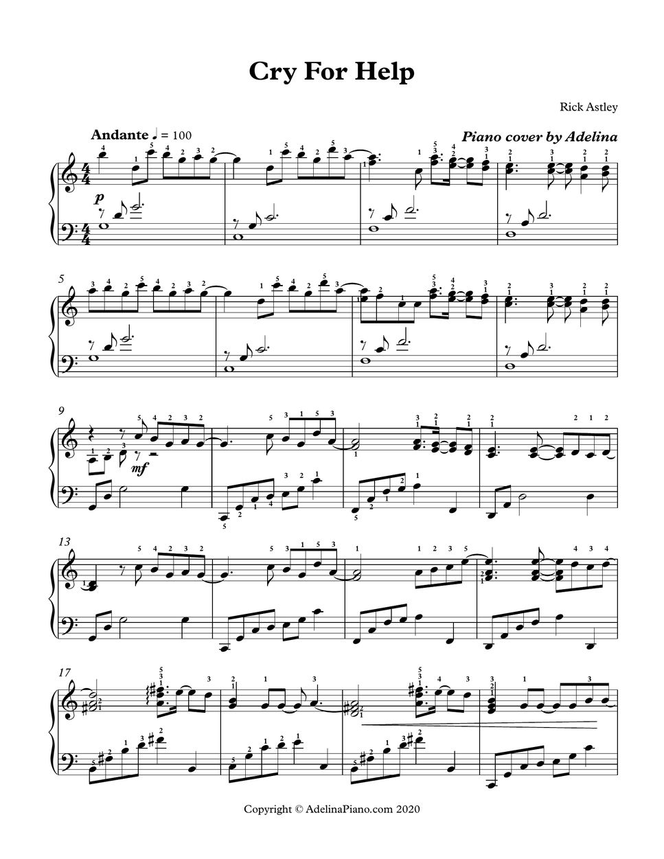 Rick Astley Cry for Help Sheet by Adelina Piano