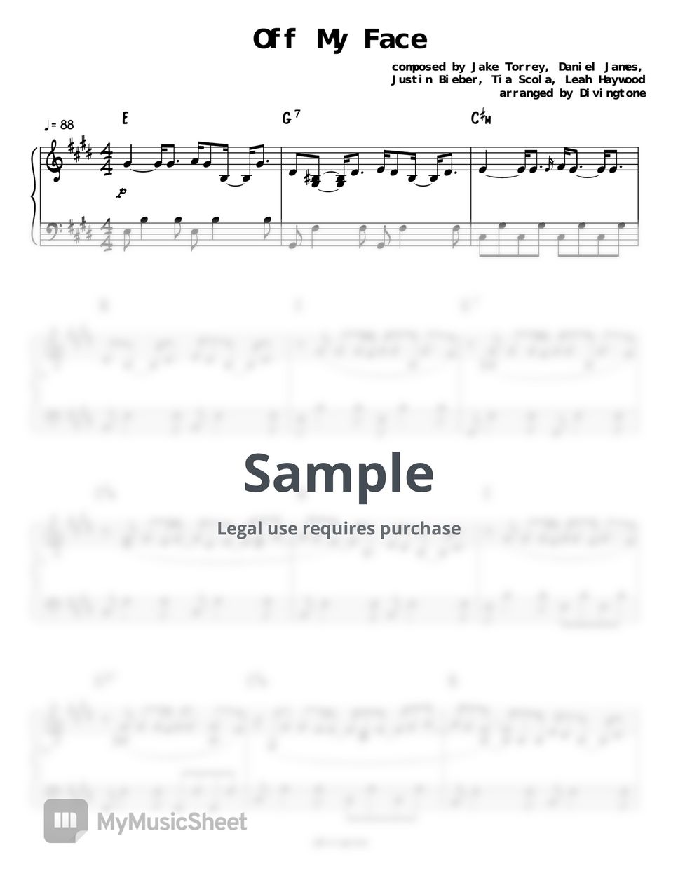 Justin Bieber - Off My Face (Piano Sheet) by Divingtone